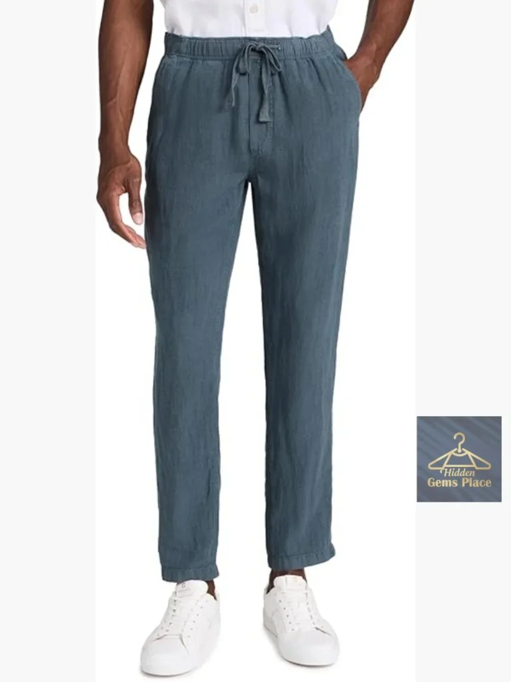 Linen Drawstring Pants - Mid Rise Straight Leg Casual